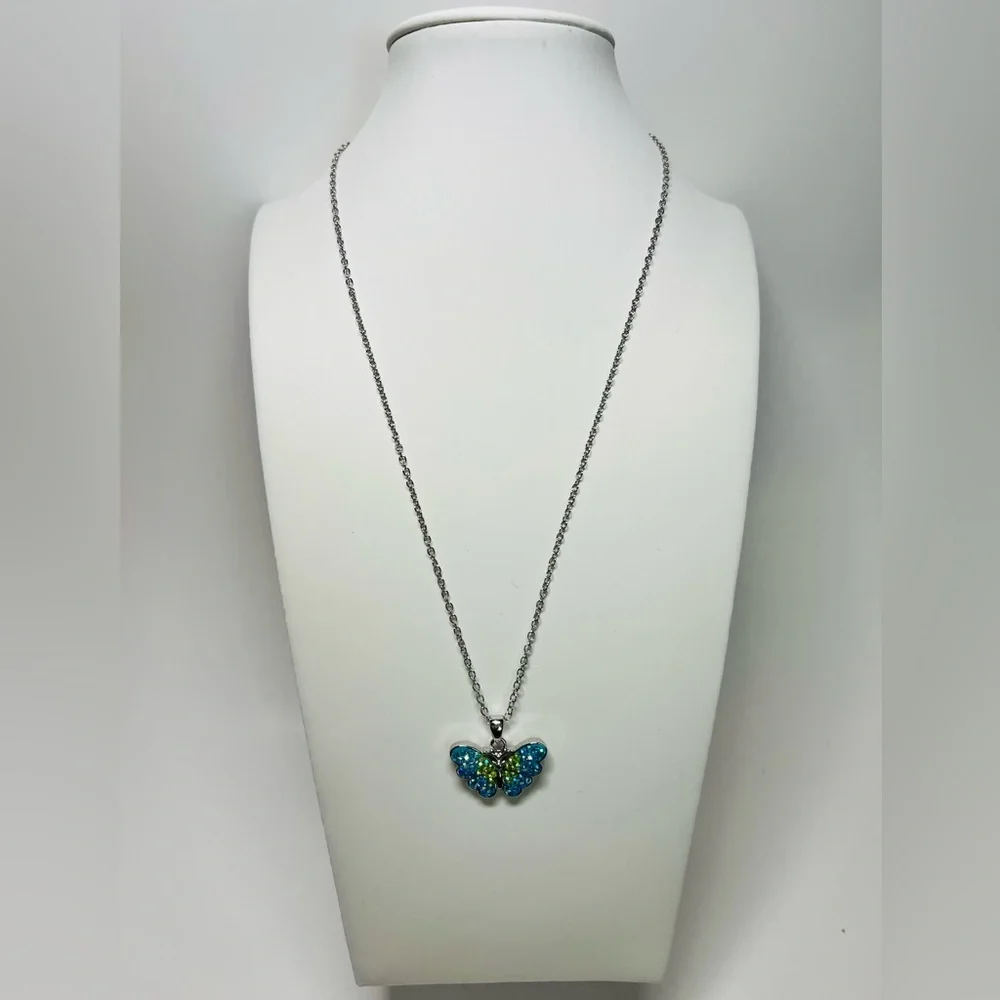 Blue and Green Crystal Butterfly Necklace